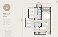 Floor plan: 2-bedroom 2-bathroom unit; features: open-plan kitchen-dining-living, master bedroom with ensuite bathroom, bedroom 2 with shared bathroom, utility room, balcony off living room, central foyer, 1 car porch, 1,001 sqft built-up.