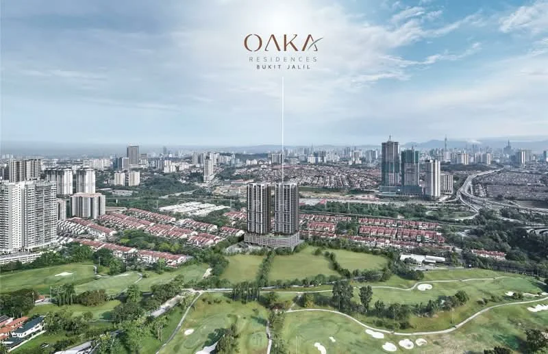 Exterior type: high-rise condominium; features: surrounded by golf course, city skyline in background, lush greenery, multiple residential buildings nearby, urban landscape, well-maintained grounds; style: modern.