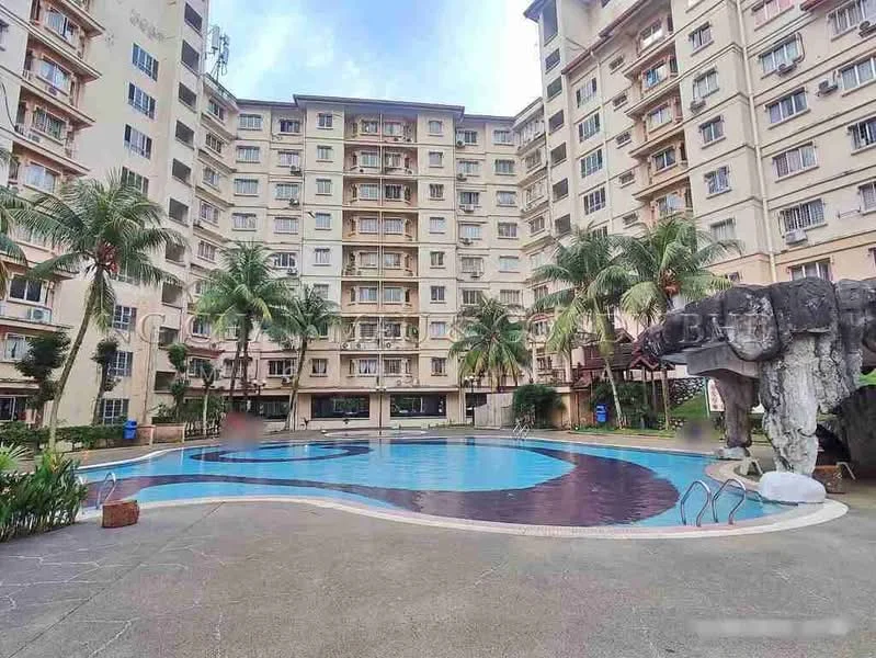 Exterior type: mid-rise condominium; features: swimming pool with decorative rock feature, surrounded by palm trees, pool deck with loungers, multiple floors visible, balconies on upper floors, landscaped garden area, concrete pathway around pool, residential units visible in background; style: modern.