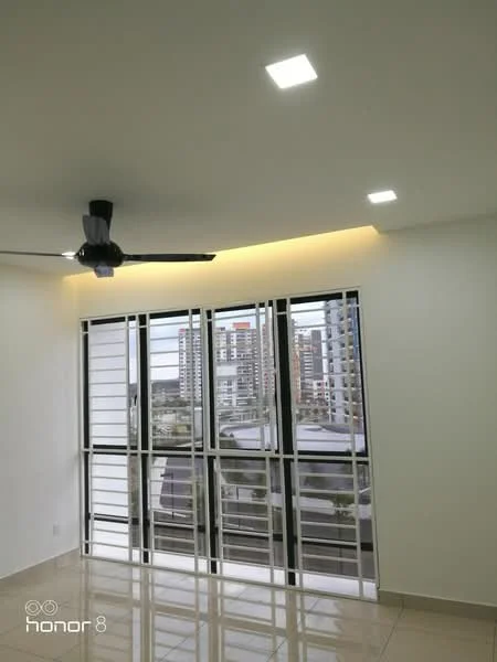 Room features: white painted walls, glossy tile flooring, 5-blade ceiling fan with light, recessed LED downlights, floor-to-ceiling windows, city view; style: modern; view: city.
