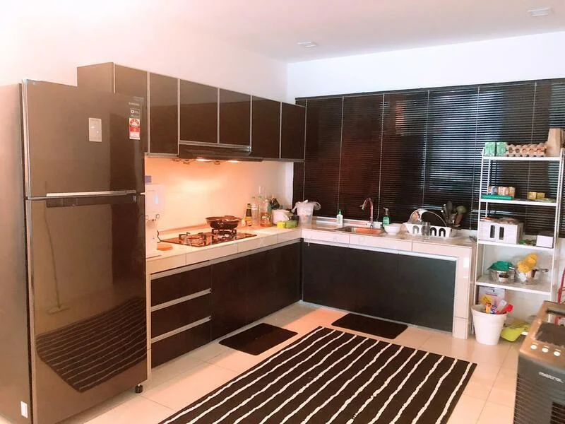 Kitchen features: black cabinetry, white countertop, stainless-steel fridge, built-in gas stove, black backsplash, sink with faucet, open shelving, black and white striped area rug, tile flooring, window with black blinds, microwave, kettle, various kitchen utensils; style: modern.