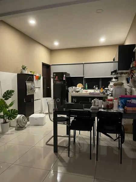 Kitchen features: black cabinetry, white tiled backsplash, stainless-steel fridge, built-in microwave, freestanding range oven, black dining table, black dining chairs, white ceramic sink, chrome pull-down faucet, white tiled flooring, recessed downlights, potted plant, open shelving, countertop appliances; style: modern.