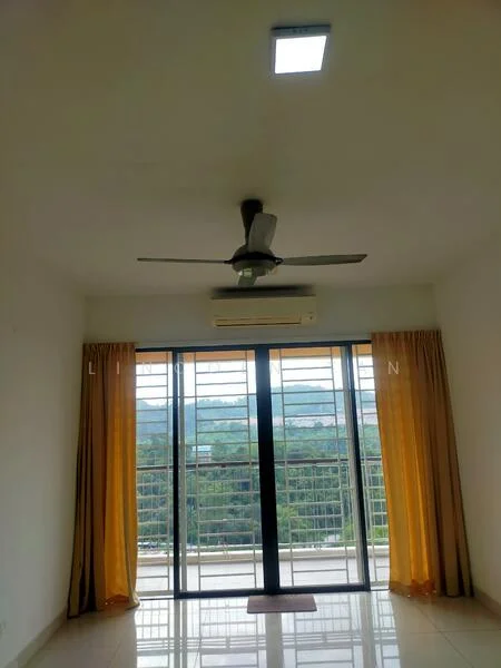 Living features: white painted walls, glossy tile flooring, 5-blade ceiling fan with light, wall-mounted split AC, floor-to-ceiling windows, sliding glass door, sheer curtains, curtains in yellow, view of greenery; style: modern; view: garden.