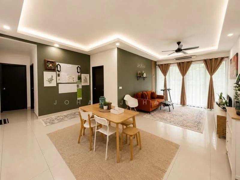 Living features: white painted walls, grey accent wall, recessed downlights, 5-blade ceiling fan with light, floor-to-ceiling windows, sheer curtains, area rug with geometric pattern, wooden dining table, 4 dining chairs, decorative wall art, TV console, wall-mounted TV; style: modern; view: garden. Room features: cream tiled flooring, open layout, natural light.