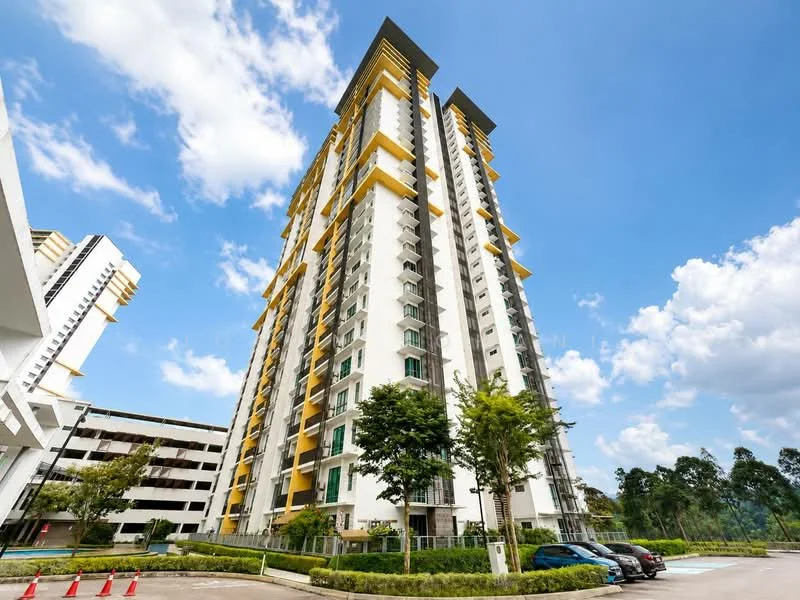 Exterior type: high-rise condominium; features: white painted facade, yellow accent panels, glass curtain wall, recessed balconies, approximately 20-storey high-rise, manicured landscaping, mature trees, surrounded by greenery, open-air parking lot, multi-storey car park; style: modern.