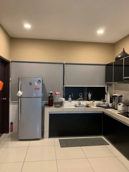 Kitchen features: grey cabinetry, black countertop, white tiled backsplash, stainless-steel fridge, single-bowl stainless-steel sink, chrome pull-down faucet, built-in microwave, freestanding range oven, kettle, toaster, 2-blade ceiling fan, recessed downlights, white tiled flooring; style: modern.