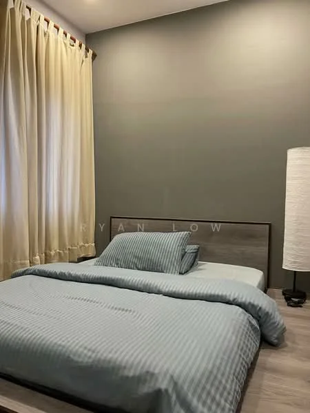 Bedroom features: king-size bed with light blue bedding, wooden bed frame, grey accent wall, cream curtains, flooring in light wood, table lamp with white shade, decorative pillow, nightstand; style: modern.