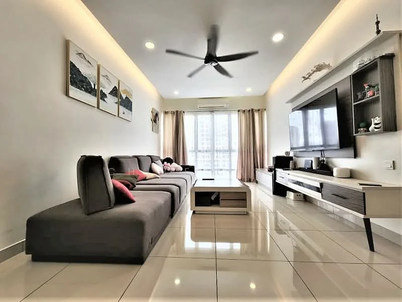 Living features: L-shape sectional sofa in grey, coffee table, wall-mounted TV, TV console, floor-to-ceiling windows, sheer curtains, recessed downlights, white painted walls, glossy tile flooring, ceiling fan with light, decorative wall art; style: modern; view: city.