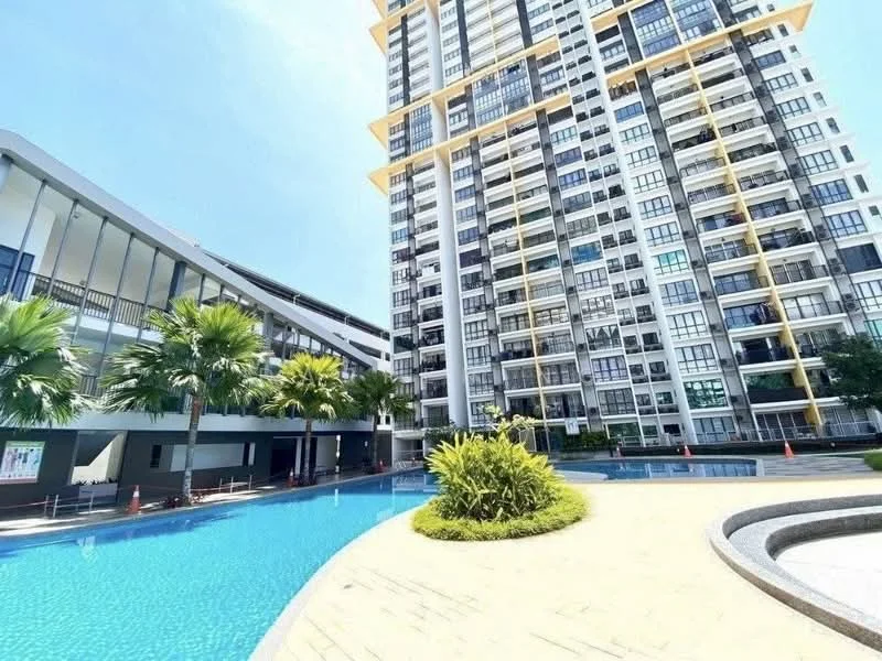 Exterior type: high-rise condominium; features: glass curtain wall facade, yellow accent balconies, swimming pool, landscaped garden with palm trees, manicured lawn, pool deck with loungers, surrounding greenery, multi-storey building, modern architectural design; style: modern.