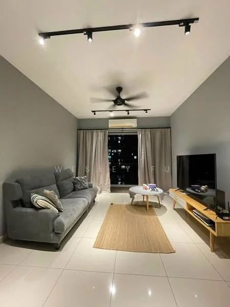 Living features: 3-seater fabric sofa in grey, coffee table, wall-mounted TV, TV console in light wood, area rug, floor-to-ceiling windows, sheer curtains, 5-blade ceiling fan with light, recessed LED downlights, white painted walls, glossy tile flooring, air conditioning unit; style: modern; view: city.