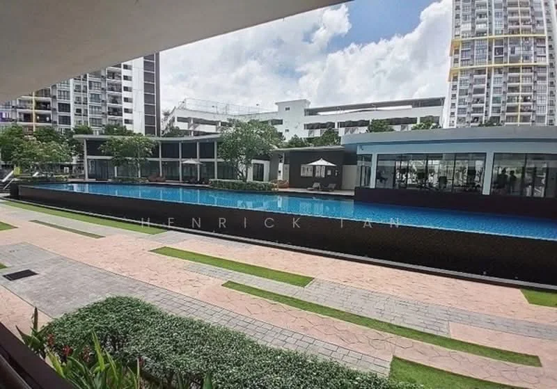Exterior type: high-rise condominium; features: infinity pool, pool deck with loungers, landscaped garden, manicured lawn, paved walkway, surrounded by greenery, modern architecture, outdoor dining pavilion; style: modern.