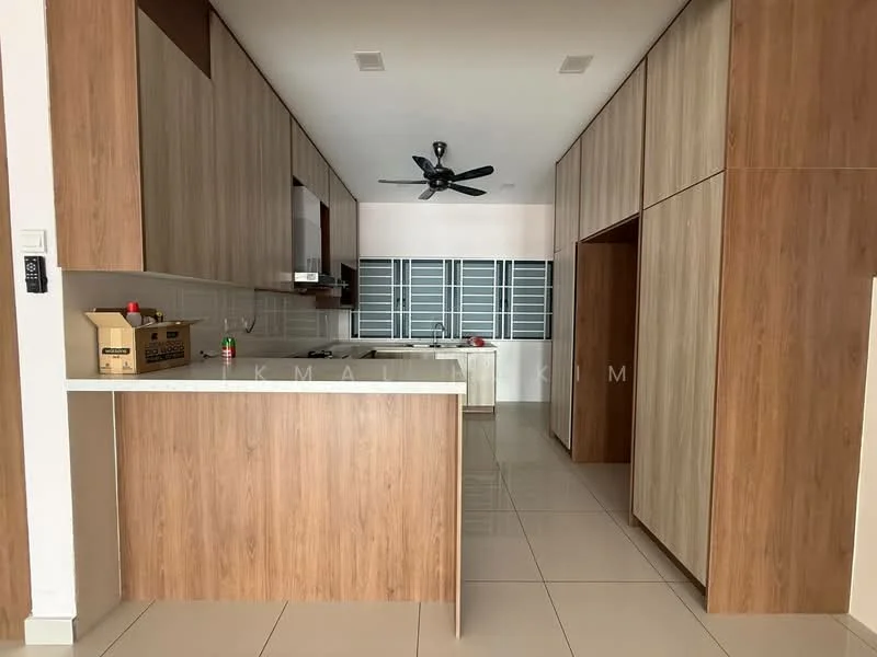 Kitchen features: wooden cabinetry, white countertop, stainless-steel sink, chrome pull-down faucet, built-in oven, freestanding range oven, 5-blade ceiling fan, tile flooring, wall-mounted cabinets, open shelving, kitchen island; style: modern.
