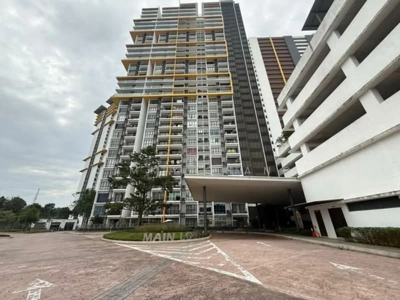 Exterior type: high-rise condominium; features: glass curtain wall, yellow accent balconies, covered entrance, manicured landscaping, paved driveway, multiple storeys, parking deck, modern facade; style: modern.