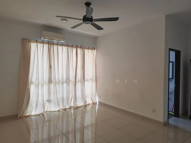 Living features: cream painted walls, glossy ceramic tile flooring, 5-blade ceiling fan with light, floor-to-ceiling windows, sheer curtains, air conditioning unit; style: modern.