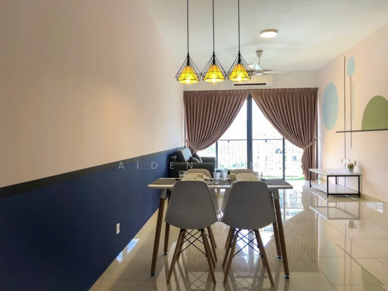 Dining features: 6-seater dining table, white dining chairs with wooden legs, pendant lighting with yellow shades, sliding glass door, floor-to-ceiling windows, cream painted walls, dark blue accent wall, polished tile flooring, ceiling fan, curtains, decorative wall art; style: modern; view: garden. Living features: sofa, coffee table, TV console, area rug; style: modern; view: garden.