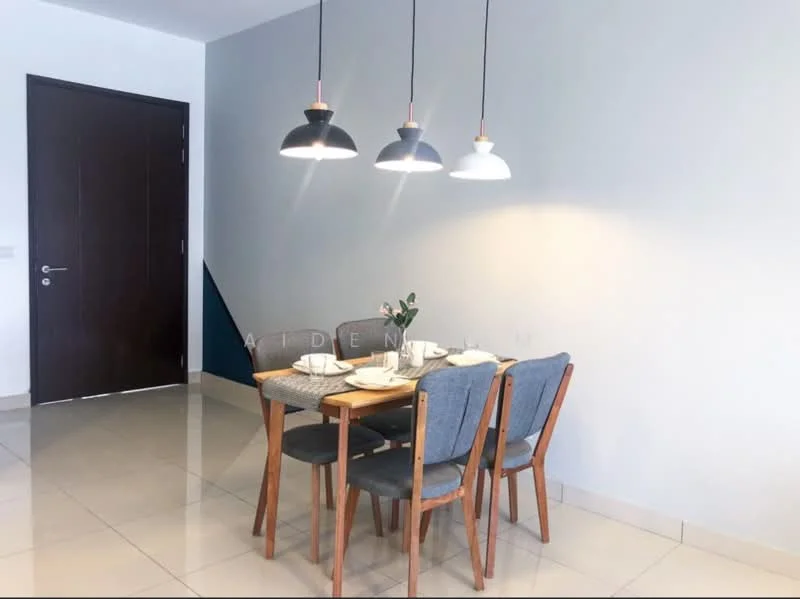 Dining features: 4-seater dining table, grey upholstered dining chairs, white plates, cutlery, table runner, pendant lighting with three bulbs, cream painted walls, glossy tile flooring, dark wooden door, decorative plant in vase, blue accent wall; style: modern.
