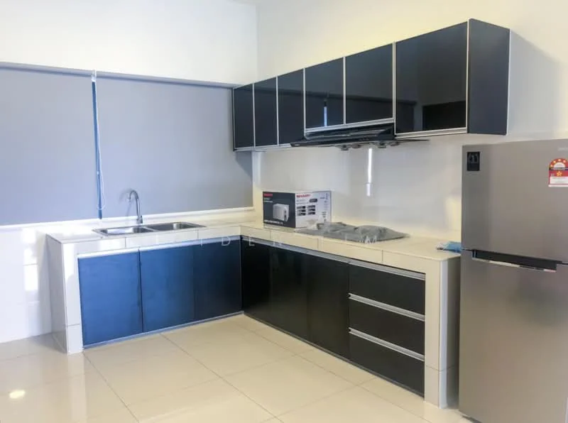 Kitchen features: black cabinetry with silver handles, white countertop, stainless-steel sink, chrome pull-down faucet, built-in oven, freestanding range oven, microwave, stainless-steel fridge, ceramic tile flooring, grey roller blinds, wall-mounted range hood, open shelving; style: modern.