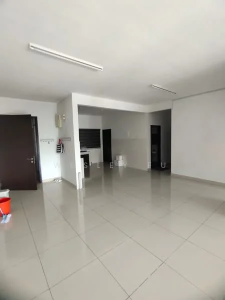 Room features: white painted walls, glossy ceramic tile flooring, recessed ceiling lights, open layout, large windows, neutral color scheme, no visible furniture, empty space; style: modern.