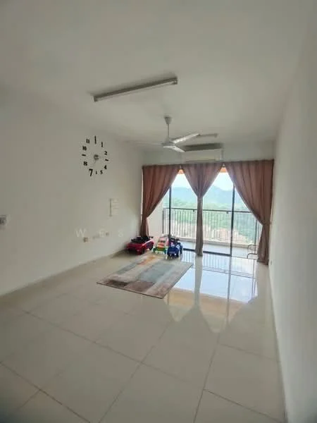 Living features: white painted walls, glossy tile flooring, 5-blade ceiling fan, floor-to-ceiling windows, curtains in beige, area rug with geometric pattern, clock on wall, sliding glass door, balcony view; style: modern; view: mountain.