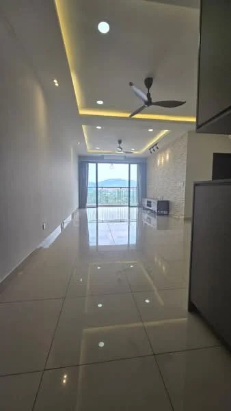 Living features: glossy marble tile flooring, white painted walls, tray ceiling with recessed lighting, 5-blade ceiling fan, floor-to-ceiling sliding glass door, curtains, TV console, wall-mounted TV, decorative stone accent wall, open layout, natural light from large windows, view of the city skyline; style: modern; view: city.