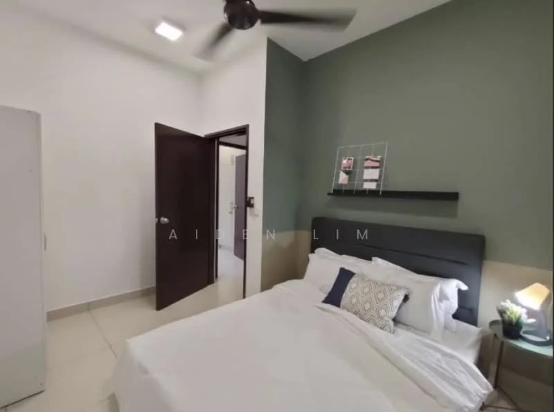 Bedroom features: queen-size bed with white bedding, upholstered headboard in dark grey, nightstand with lamp, decorative wall shelf, white painted walls, green accent wall, ceiling fan, built-in wardrobe, floor tiles, doorway to bathroom, window with natural light; style: modern.