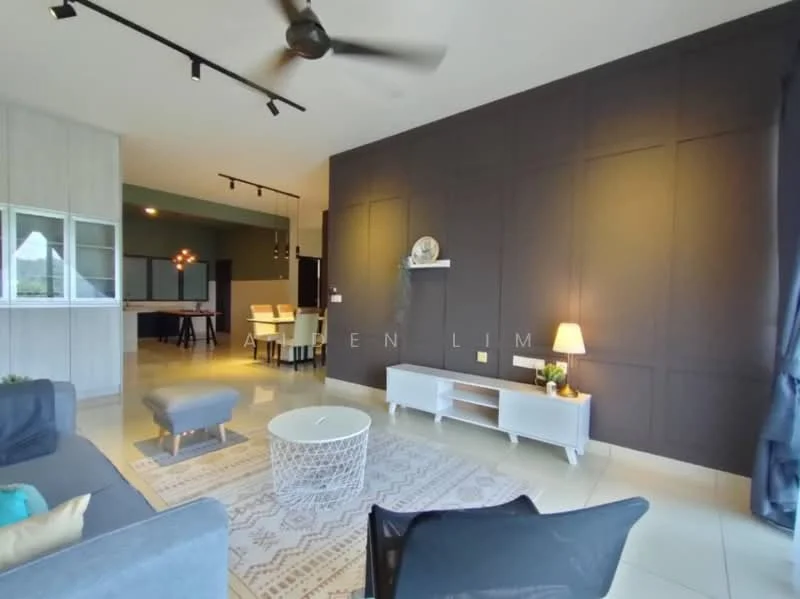 Living features: grey fabric sofa, white coffee table, decorative area rug, wall-mounted TV unit, black accent wall, ceiling fan, large windows with curtains, decorative wall shelf; style: modern.