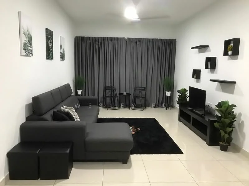 Living features: L-shape sectional sofa in grey, black area rug, wall-mounted TV, TV console in black, decorative wall shelves, black chairs, green potted plants, grey curtains, white painted walls, polished tile flooring, ceiling fan with light; style: modern.