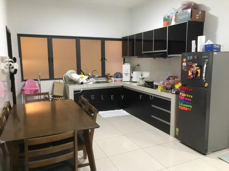 Kitchen features: black cabinetry with flat-panel doors, white countertop, stainless-steel fridge, built-in sink, chrome faucet, ceramic tile flooring, dining table with wooden finish, 4 wooden dining chairs, window with multiple panes, kitchen appliances on countertop, open shelving, stacked items on countertop; style: modern.