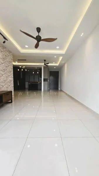 Living features: white painted walls, polished ceramic tile flooring, 5-blade ceiling fan with light, recessed LED downlights, feature stone accent wall, open layout, large windows, neutral color palette; style: modern.