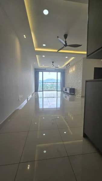 Living features: white painted walls, polished ceramic tile flooring, recessed downlights, 5-blade ceiling fan, floor-to-ceiling windows, sliding glass door, curtains, TV console, decorative feature wall with stone cladding, open layout, balcony view; style: modern; view: city.