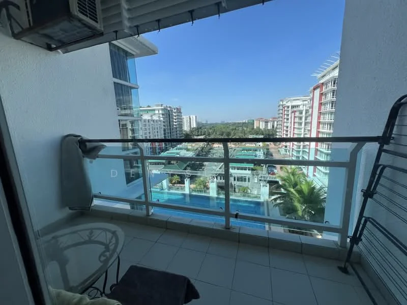 Balcony features: glass railing, tile flooring, outdoor seating area with small table, view of swimming pool, view of surrounding buildings, potted plant, air conditioning unit visible, sunny exposure; style: modern; view: pool.