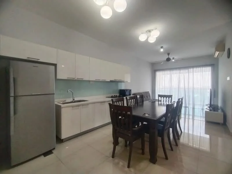 Kitchen features: white cabinetry, stainless-steel fridge, single-bowl stainless-steel sink, chrome pull-down faucet, white quartz countertop, ceramic tile backsplash, 4-burner gas hob, built-in oven, recessed downlights, ceiling fan, dining table with 6 chairs, floor-to-ceiling windows with sheer curtains, light grey walls, polished ceramic tile flooring; style: modern; view: city.
