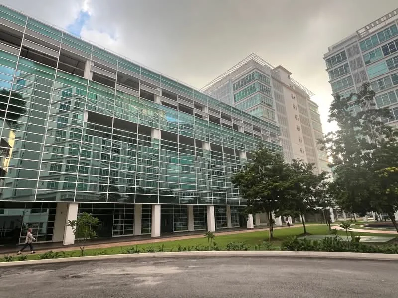 Exterior type: mid-rise condominium; features: glass curtain wall, white painted facade, surrounded by landscaped gardens, manicured lawn, mature trees, paved walkway, multiple storeys, modern architectural design; style: modern.