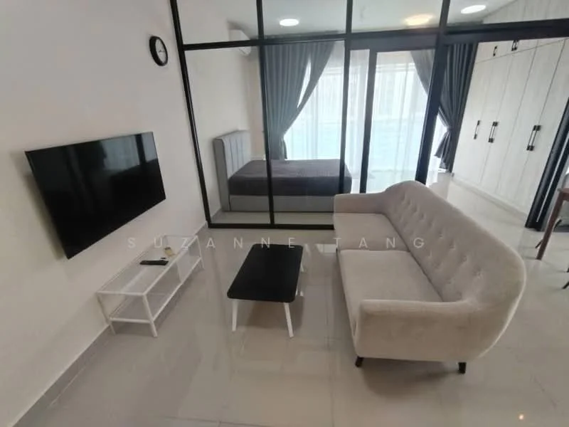 Living features: 3-seater fabric sofa in light grey, coffee table, wall-mounted TV, white TV console, large glass windows, curtains, tile flooring, clock on wall, recessed ceiling lights; style: modern. Bedroom features: queen-size bed, bedding, built-in wardrobe with sliding doors, grey upholstered headboard, carpet flooring; style: modern.