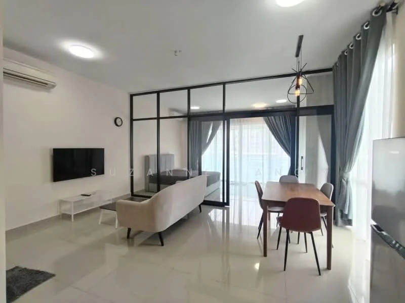 Living features: grey fabric sofa, white coffee table, wall-mounted TV, recessed ceiling lights, 5-blade ceiling fan, floor-to-ceiling windows, sheer curtains, sliding glass door, tile flooring, decorative wall clock, area rug, dining table with four chairs; style: modern; view: city.