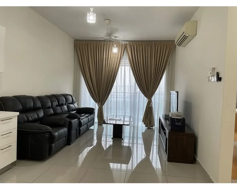 Living features: black leather sectional sofa, glass coffee table, wall-mounted TV, wood TV console, floor-to-ceiling windows, sheer curtains, heavy drapes, recessed downlights, ceiling fan, glossy tile flooring, air conditioning unit; style: modern.