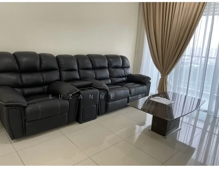 Living features: black leather reclining sofa, coffee table with dark wood surface, large floor-to-ceiling window, sheer curtains, glossy tile flooring, neutral wall color, decorative throw pillows; style: modern; view: city.