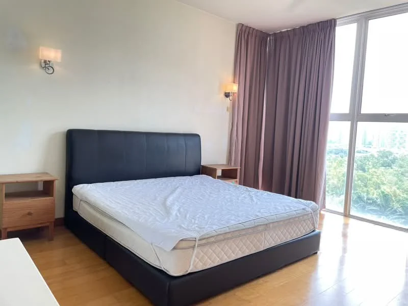 Bedroom features: king-size bed, black upholstered headboard, wooden bedside tables, floor-to-ceiling windows, curtains in light brown, wooden flooring, wall sconces, view of greenery; style: modern; view: garden.