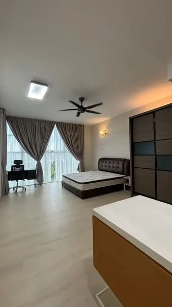 Bedroom features: king-size bed, upholstered headboard, 2 bedside lamps, floor-to-ceiling windows, sheer curtains, 5-blade ceiling fan with light, wooden flooring, built-in wardrobe with sliding doors, study desk, chair; style: modern; view: city.