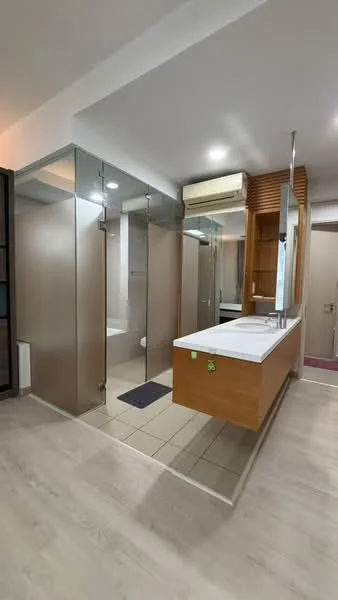 Bathroom features: floating vanity with wood cabinetry, white countertop, double-sink vanity, framed mirror, glass shower enclosure, bathtub, tile flooring, recessed lighting, exhaust fan, wall-mounted towel rail; style: modern.