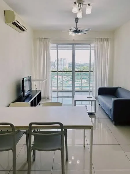 Living features: 3-blade ceiling fan with light, wall-mounted TV, 2-seater fabric sofa in grey, white dining table, 4 white dining chairs, floor-to-ceiling windows, sheer curtains, white painted walls, glossy tile flooring, air conditioning unit; style: modern; view: city.