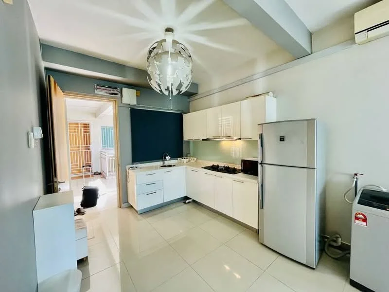 Kitchen features: white cabinetry, stainless-steel fridge, built-in gas hob, exhaust hood, double-bowl stainless-steel sink, white countertop, ceramic tile flooring, pendant light fixture, wall-mounted air conditioning unit, open layout to living area, sliding door to balcony; style: modern.