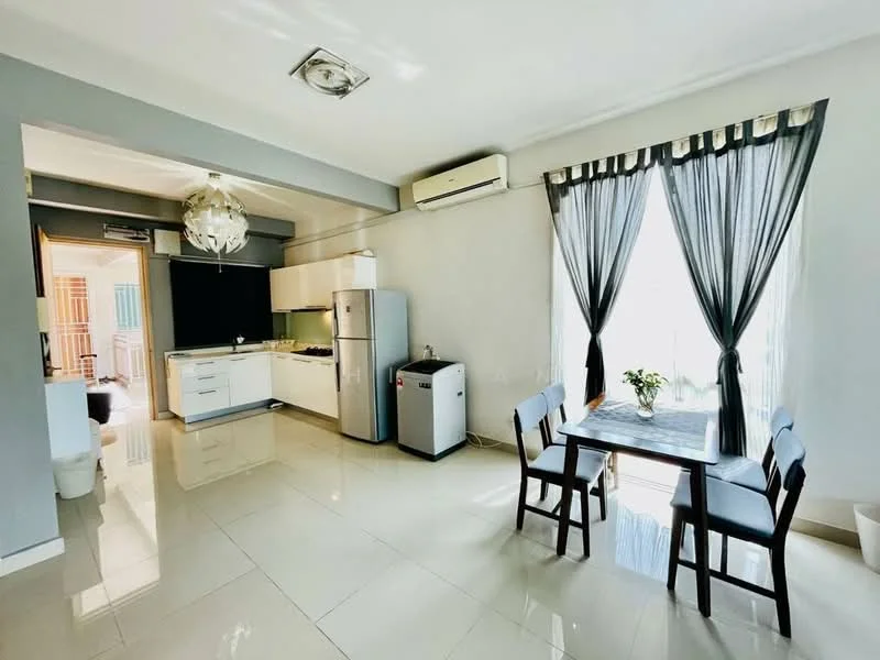 Kitchen features: white cabinetry, black countertop, stainless-steel fridge, built-in oven, 4-burner gas hob, single-bowl stainless-steel sink, chrome pull-down faucet, ceramic tile flooring, recessed downlights, exposed ceiling, window with sheer curtains; style: modern. Dining features: wood dining table, 2 wooden chairs, decorative vase with plant, natural light from window; style: modern.
