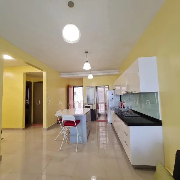 Kitchen features: yellow painted walls, glossy white cabinetry, black granite countertop, island with seating, stainless-steel fridge, built-in oven, freestanding range oven, pendant lighting, ceramic tile flooring, window with view to outside, double-bowl stainless-steel sink, chrome pull-down faucet; style: modern.