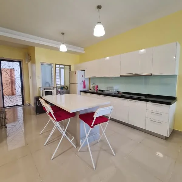 Kitchen features: yellow painted walls, white cabinetry, black granite countertop, glass backsplash, stainless-steel sink, chrome pull-down faucet, built-in oven, microwave, refrigerator, 2-seater dining table with white legs, red upholstered chairs, pendant lighting, tile flooring, floor-to-ceiling windows, sliding glass door; style: modern.