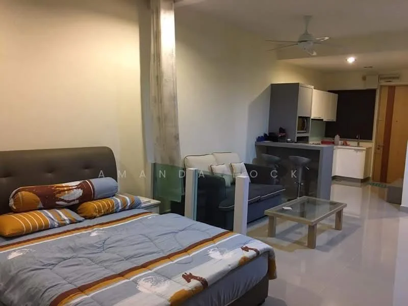Room features: queen-size bed with grey upholstered headboard, bedding with patterned throw pillows, 2-seater fabric sofa in light grey, glass coffee table, kitchenette with grey cabinetry, white countertop, built-in oven, stainless-steel sink, refrigerator, ceiling fan, white tiled flooring, light-colored walls, wall-mounted light fixture; style: modern.