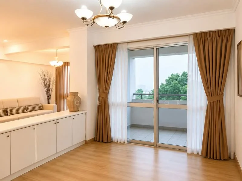 Living features: light wood laminate flooring, white painted walls, crown moulding, 5-blade ceiling fan with light, chandelier, floor-to-ceiling sliding glass door, sheer curtains, brown drapes, built-in white cabinetry, decorative wall art, sofa with beige upholstery, decorative plant in ceramic pot; style: modern; view: garden.