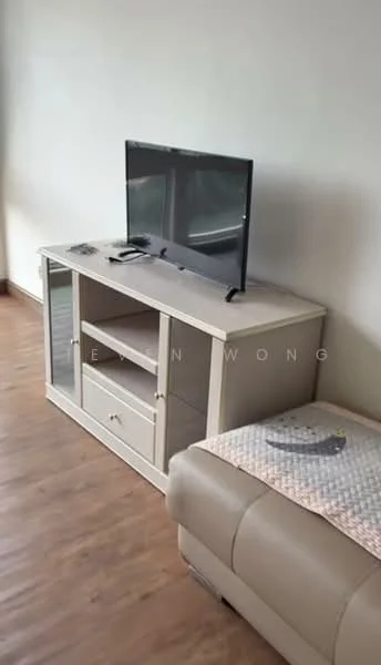 Living features: light wood flooring, cream painted walls, flat-panel TV on stand, TV console with storage, glass-front cabinet, drawer in console, beige leather sofa, decorative throw blanket; style: modern.