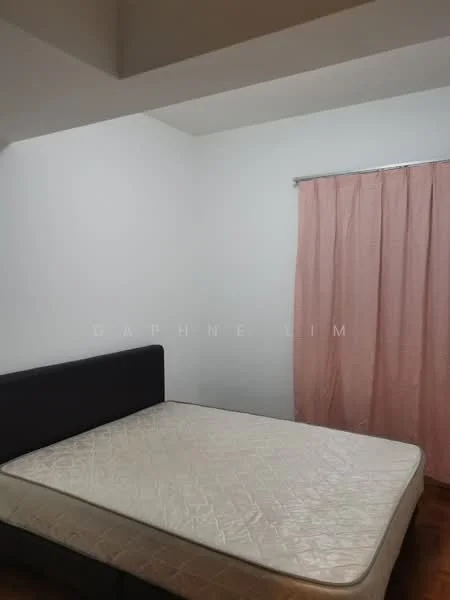 Bedroom features: white painted walls, wooden flooring, queen-size bed frame, mattress without bedding, pink curtain, ceiling with no visible fixtures.