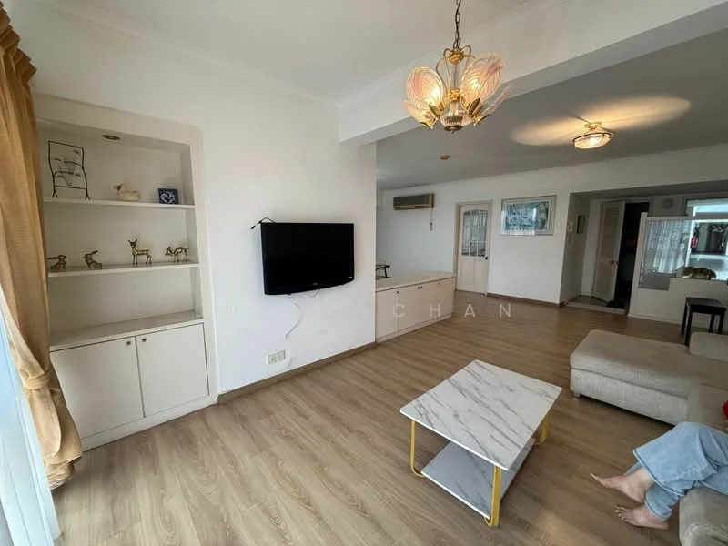 Living features: light wood laminate flooring, white painted walls, ceiling rose with chandelier, wall-mounted TV, built-in shelving unit, marble-top coffee table, beige fabric sofa, curtains in light beige, air conditioning unit; style: modern.